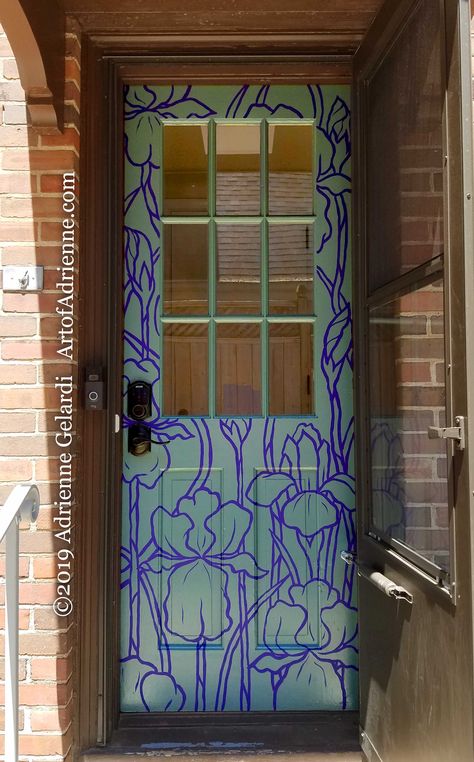 Painted Door Panels, Funky Door Painting, Mural Around Door, Front Door Mural, Creative Door Ideas, Front Door Painting Ideas Creative, Artistic Doors Painted, Abstract Painted Front Door, Door Mural