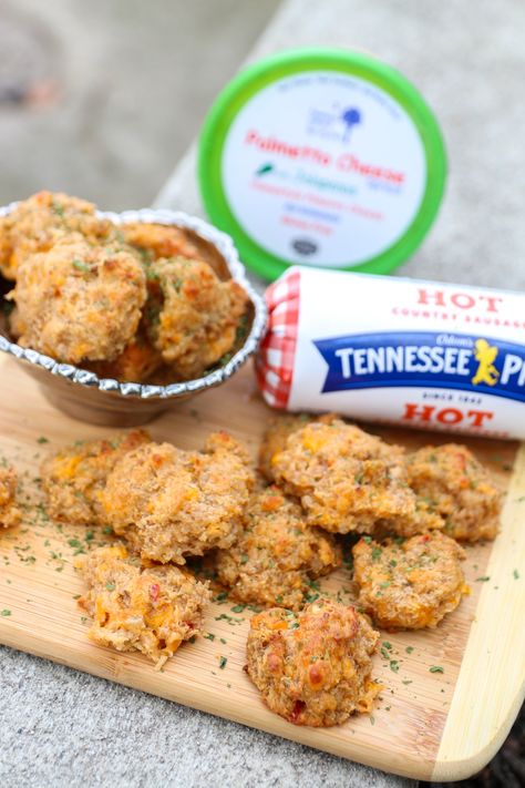 Pimento Cheese Sausage Balls Palmetto, Pimento Cheese Sausage Balls, Pimento Cheese Appetizer, Sausage Ball Recipe, Pimento Cheese Sandwich, Cheese Sausage Balls, Sausage Ball, Kentucky Derby Food, Kentucky Derby Recipes