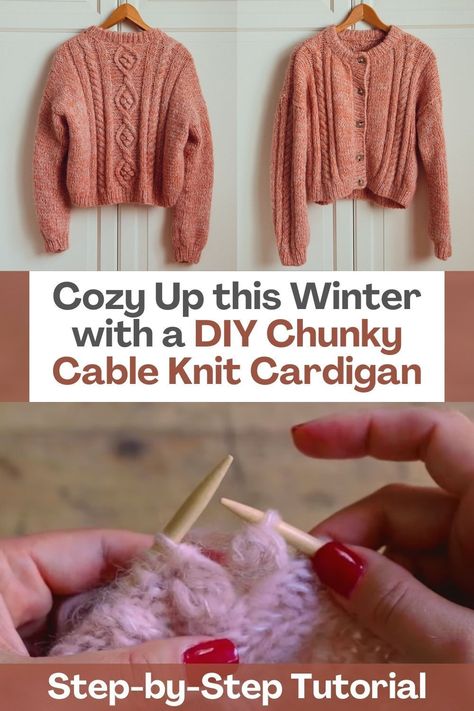 Looking for the perfect way to stay warm and stylish this winter season? Look no further than this DIY chunky cable knit cardigan tutorial! With easy-to-follow steps and clear instructions, this project is suitable for knitters of all levels. Crafted with chunky yarn, this cardigan is both warm and fashionable. The cable knit adds a touch of texture and elegance, making this cardigan a standout piece in any wardrobe. With two different cable patterns to choose from, you can customize... Cardigan Tutorial, Chunky Cable Knit Cardigan, Chunky Knitting, Chunky Cable Knit, Learn How To Knit, Knitting Books, Chunky Cardigan, How To Knit, How To Start Knitting