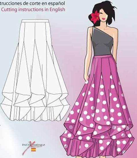 Idea for adding train to M dress Long Skirt Sketch, Flamenco Skirt Pattern, Gored Skirt Pattern, Skirt Godet, Skirt Sketch, Flamenco Costume, Flamenco Skirt, Skirt Chiffon, Куклы American Girl