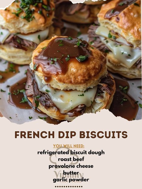 🥖✨ Try French Dip Biscuits! Savory, cheesy, and perfect for dipping. #FrenchDipBiscuits #SavorySnacks French Dip Biscuits Recipe 🌟 Ingredients: 500g refrigerated biscuit dough 300g roast beef, thinly sliced 200g provolone cheese, sliced 50g butter, melted 10g garlic powder 5g onion powder 5g dried parsley 500ml beef broth (for dipping) 10ml Worcestershire sauce Salt and pepper to taste Instructions: Prepare the biscuits: Preheat oven to 180°C (350°F). Flatten each biscuit dough and top wi... French Dip Biscuit Melts, French Dip Casserole, French Dip Biscuits Recipe, French Dip Biscuits, Dried Parsley, Biscuit Dough, Biscuits Recipe, French Dip, Game Day Snacks