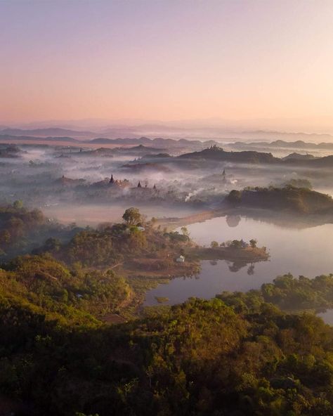 | " Mrauk-U valley". A last view on the Mrauk-U valley with its beautiful lake and great temple silhouettes in between the green hills. This is definitely a must-see when visiting Myanmar, even if it's complicated to get to. Trust me Mrauk U, Green Hills, Ancient Temples, River Valley, Archaeological Site, Beautiful Lakes, Its Beautiful, Myanmar, Desi