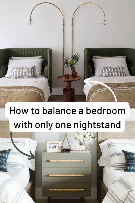 Not all bedrooms have two nightstands. Even though your taste may crave for symmetry, when you discover the potential of having asymmetrical design options (like having only one nightstand), a whole new world will open up to you. With this article, we’re happy to lead you to this new world… through four practical interior arrangement ideas: 1. Nightstand between two beds 2. Bed in the corner 3. Nightstand and dressing table 4. Counterbalance a single nightstand Click for the tips! Bed With Only One Nightstand, Night Stand Between Two Beds, Single Nightstand Bedroom Layout, Mix Matched Nightstands, Only One Nightstand In Bedroom, Bedroom With 1 Nightstand, Guest Bedroom Nightstand Ideas, Mismatched Night Stands, Single Nightstand Bedroom