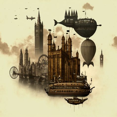 Steampunk style London landscape Steampunk London, Steampunk Landscape, London Landscape, Steampunk Illustration, Steampunk Artwork, Art Steampunk, Around The World In 80 Days, Steampunk Style, Jules Verne