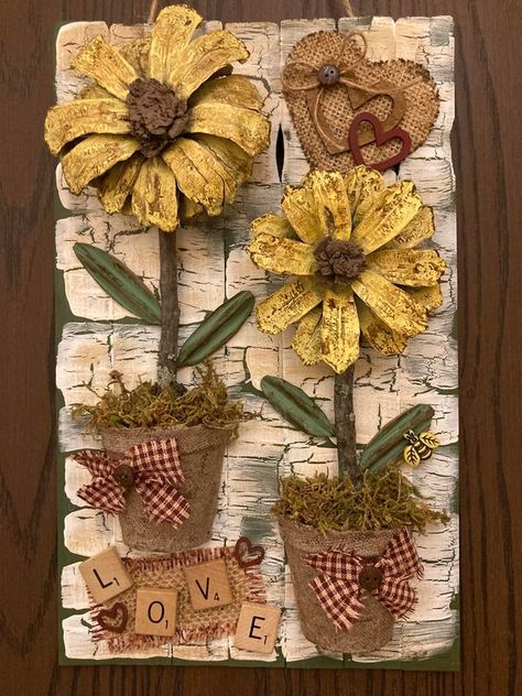 💲Dollar Tree Fanatics Crafts & Decor💲 | Just wanted to share my latest creation | Facebook Summer Dollar Tree Crafts, Dollar Tree Bee Crafts, Wooden Flowers Diy, Cozy Homestead, Pinecones Crafts, Sunflower Journal, Pinecone Decor, Kitchen Crafts Diy, Primitive Sunflowers