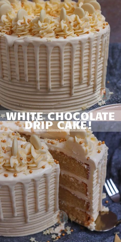 White Chocolate Drip Cake! - Jane's Patisserie White Chocolate Drip Cake, White Chocolate Ganache Drip, White Chocolate Drip, Drip Cake Recipes, Chocolate Ganache Drip, White Chocolate Desserts, Ganache Drip, Janes Patisserie, Cake With White Chocolate