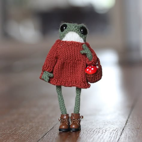 Knit Frog Clothes, Frog Knitting, Frog Clothes, Knitted Frog, Mushroom Frog, Frog Doll, Christmas Posts, Macrame Bracelet Tutorial, Crochet Frog