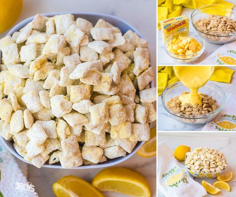 Lemon Muddy Buddies Recipe, Lemonade Puppy Chow Recipe, Lemon Puppy Chow Chex Mix Recipe, Lemonade Puppy Chow, Lemon Chex Mix, Lemon Chex, Lemon Puppy Chow, Best Puppy Chow Recipe, Lemon Snack