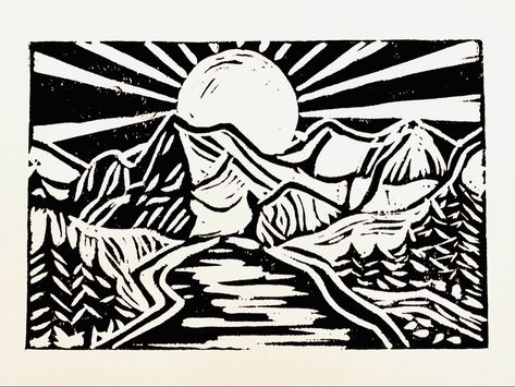 Lino Landscape, Landscape Printmaking, Printmaking Landscape, Linocut Landscape, Linoleum Printmaking, Aurora Art, Relief Printmaking, Screen Printing Art, Linoleum Print