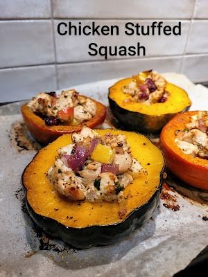 Hot and Cold Running Mom - Just my Stuff: Chicken Stuffed Squash Chicken Stuffed Squash, Chicken Stuffed Acorn Squash, Stuff Chicken, Stuffed Squash, Stuffed Acorn Squash, Acorn Squash Recipes, Running Mom, Healthy Mix, Chicken Stuffed