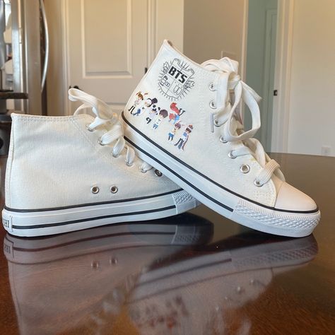 Bts Army Original K-Pop Converse With Band Members On The Sides. Bundle To Save Bts Shoes, Band Members, Swag Shoes, Bts Army, Womens Shoes Sneakers, K Pop, Me Too Shoes, White Black, Cool Outfits