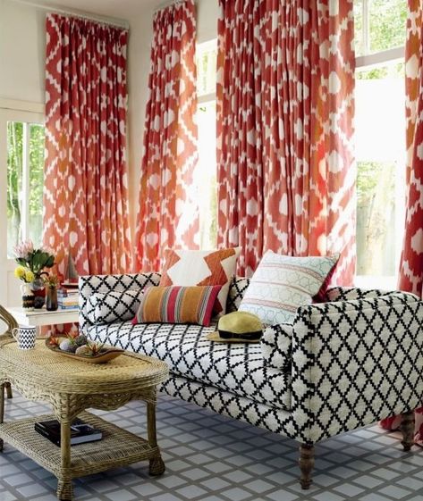 Eclectic Curtains, Ikat Curtains, Coral Home Decor, Jim Thompson Fabric, Sofa Interior, Nautical Wallpaper, Coral Decor, Jim Thompson, Trellis Wallpaper