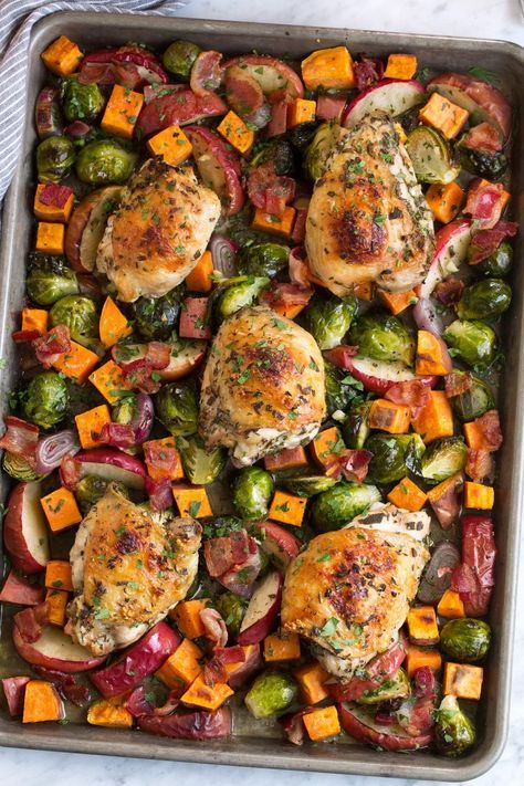 One Pan Autumn Chicken Dinner Fall Food Recipes Dinner Healthy, Autumnal Dinner Recipes, Mabon Recipes Chicken, Fall Recipes Sheet Pan, Fall Seasonal Produce Recipes, Autumn Food And Drink, Seasonal Autumn Recipes, Fall Chicken Sheet Pan Dinner, Meals For Mabon