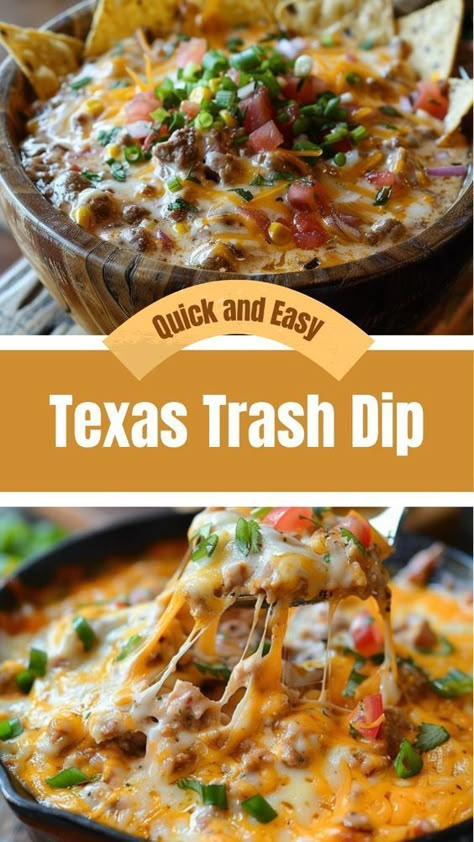 Texas Trash Dip – the name might not sound particularly appealing, but don’t let it fool you! This deceptively simple recipe is a guaranteed crowd-pleaser at any gathering Salsa Dips Recipes, Tailgate Food Dips, Trash Can Bean Dip, Delicious Dip Recipes, Easy Dips For Dinner, Frito Appetizer Dip, Great Dips Recipes, Easy Nacho Dip Recipes, Easy Good Dip Recipes