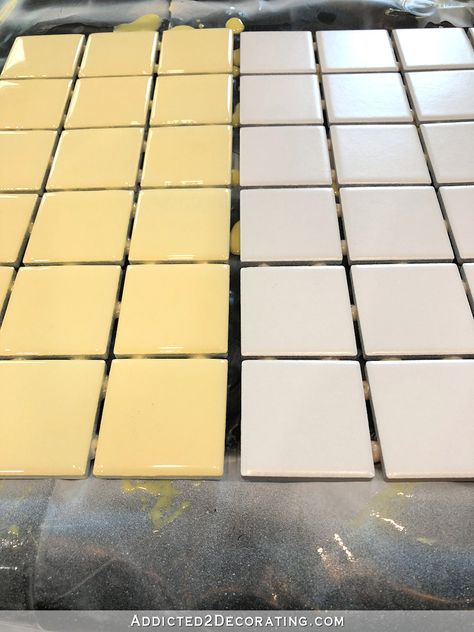 How to make custom color wall tiles - before and after - from white to butter yellow Yellow Wall Tiles, Faux Crown Moldings, Diy Wall Tile, Tile Backsplash Bathroom, Diy Bathroom Vanity, Yellow Tile, Behr Paint, Large Tile, Clear Epoxy Resin