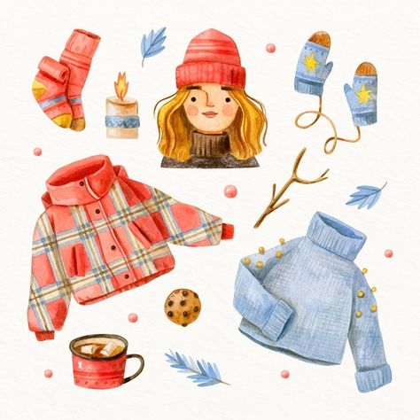 Winter Clothes Illustration, Cute Clothes Drawing, Winter Clothes Drawing, Winter Illustrations, Winter Stickers, Snow Illustration, Winter Drawings, Clothes Illustration, Christmas Card Illustration