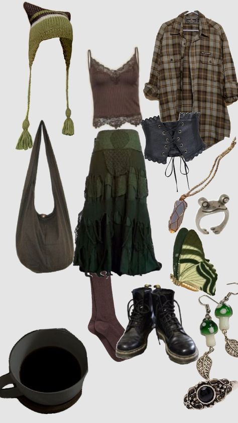 fairy grunge outfit inspo || #fairygrunge #darkfairycore #darkcottagecore #outfitinspo #inspo #outfits #preppy Dirtcore Outfit, Summer Outfit Ideas Grunge, Dark Fairycore Clothes, Nature Aesthetic Clothing, Emo Cottagecore Aesthetic, Changelingcore Outfit, Masculine Fairycore, Mushroomcore Outfits, Naturecore Outfit