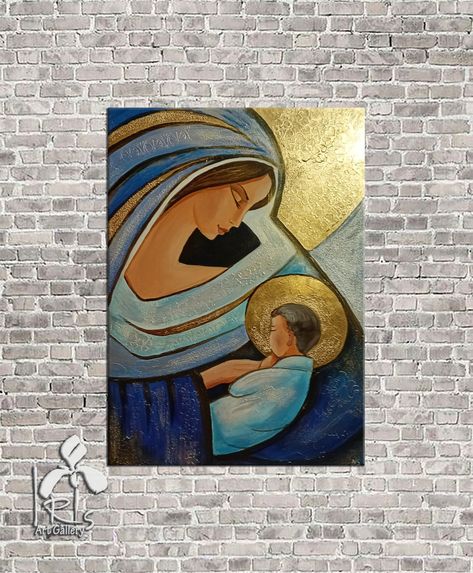 Madonna and Child is a highly textured 3D abstract painting painted on handmade canvas. This is a very stylish, delicate picture of a delicate blue turquoise color with the addition of gold. You can order this painting in any size. It is painted on natural canvas with high quality oil and acrylic paints and gold leaf. The Virgin and Child is contemporary Christian art that will certainly decorate your interior. This picture will look great in the living room, hallway, bedroom, nursery and dining room. It will beautifully decorate the wall above the fireplace. It will bring novelty, beauty and peace to your cozy home. The elegant turquoise and gold hues in this painting are calming and positive. This is an original modern painting by the author. You can order a finished painting or in a rol Madonna And Child Painting, Virgin Mary Painting, Contemporary Christian Art, Catholic Wall Art, Wall Art Textured, Virgin Mary Art, Modern Christian Art, Mary Catholic, Handmade Canvas