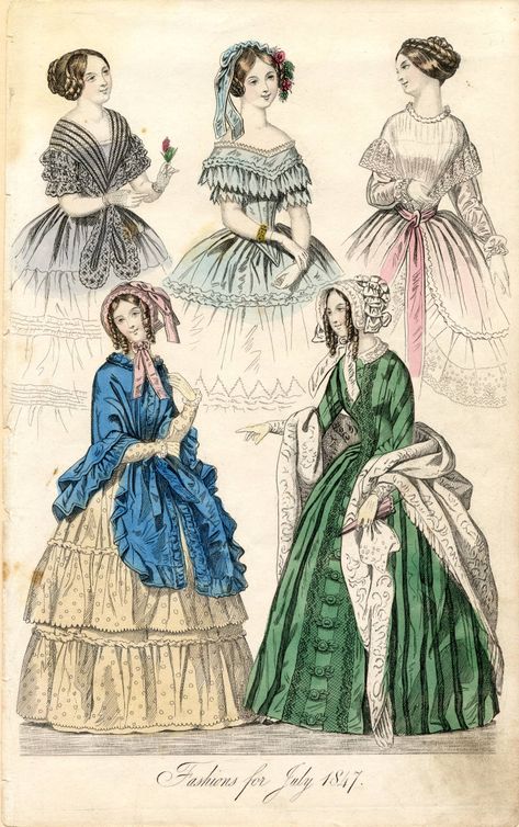 Fashions, Summer 1847 - Fashion Plate Collection, 19th Century - Claremont Colleges Digital Library 1844 Fashion, Period Outfits, 19th Century Clothing, Victoria Fashion, Dress Trims, Aesthetic Dress, Antique Pictures, 19th Century Fashion, Victorian Vintage