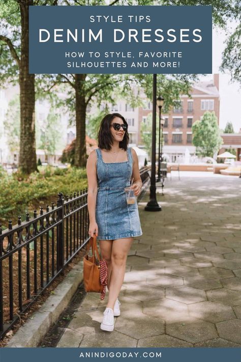 My favorite denim dresses for spring and summer. Plus, style tips on how to style a denim dress for women. Denim Mini Dress Outfit, Dresses With Converse, Denim Dresses For Women, Jeans Dress Outfit, Short Denim Dress, Mini Dress Outfit Summer, Dress Outfit Summer, Denim Dress Outfit, Dress With Converse