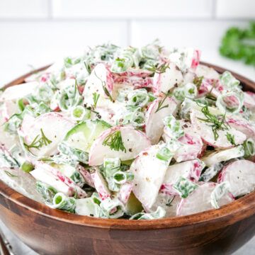 The Perfect Radish Salad (Ideal Spring and Summer Salad!) - Valya's Taste of Home Greek Yogurt Dressing, Radish Salad, Cucumber Recipes Salad, Veggie Salad, Spring Salad, Pickling Cucumbers, English Cucumber, Summer Salad, Plant Based Eating