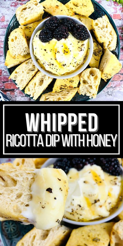 Lemon Appetizers Appetizer Ideas, Whipped Ricotta Dip With Honey, Ricotta Bread Dip, Ricotta Recipes Appetizers, Baguette Dip Recipes, Ricotta And Honey Dip, Dip Tray Ideas, Brunch Dips, Honey Ricotta Dip