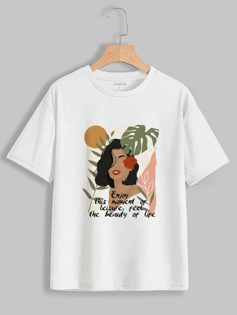 White Casual  Short Sleeve Polyester Figure,Slogan  Embellished Slight Stretch Summer Women Tops, Blouses & Tee White Tshirt Design Ideas, Aesthetic Tshirt Design Ideas, Illustrations Aesthetic, Banner Ribbon, Shirt Painting, T Shirt Painting, Drop Shoulder Tee, Shirt Bag, Aesthetic Shirts