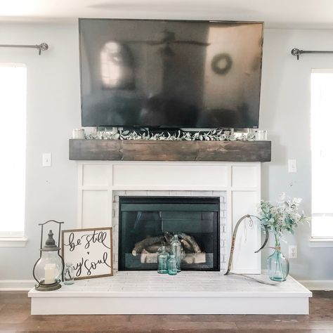 How To: Build Fireplace Cover with Hearth – Glam Farmhouse Fireplace Hearth Makeover Diy, Fireplace Hearth Makeover, Diy Farmhouse Fireplace, Hearth Makeover, Update Brick Fireplace, Dreamy Farmhouse, Fireplace Remodel Diy, Build Fireplace, Faux Ceiling Beams