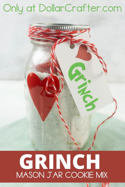 DIY Grinch Cookies Cake Mix Mason Jar Gift Grinch Mason Jar Ideas, Cookie Mix In A Jar Christmas, Cake Mix Grinch Cookies, Cookie Mix In A Jar Recipe Easy Gifts, Gingerbread Cookie Mix In A Jar, Diy Christmas Mason Jar Gifts Cookie Mixes, Cookie Mix Jar, Mason Jar Cookies Mix, Diy Grinch