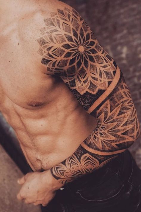 Arm Dotwork Tattoo, Dotwork Elbow Tattoo, Mandala Arm Tattoo Men, Mandala Sleeve Tattoo Men, Mandala Sleeve Tattoo Design Men, Men’s Mandala Tattoo, 6rilink Tattoo, Mandala Shoulder Tattoo Men, Geometric Shoulder Tattoo Men