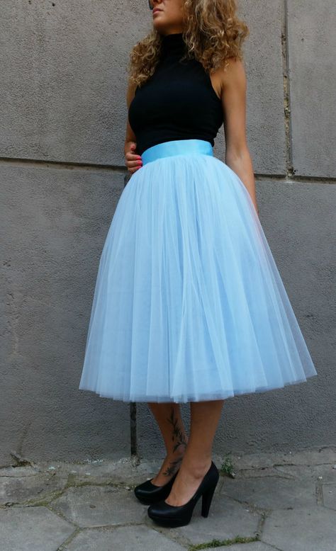 Women Tulle Skirt Tea length Tutu Skirt by MDSewingAtelier on Etsy Blue Tulle Skirt Outfit, Women Tulle Skirt, Tutu Skirt Outfit, Blue Tulle Skirt, Poofy Skirt, Tulle Skirts Outfit, Tutu Skirt Women, Denim Party, Womens Tulle Skirt