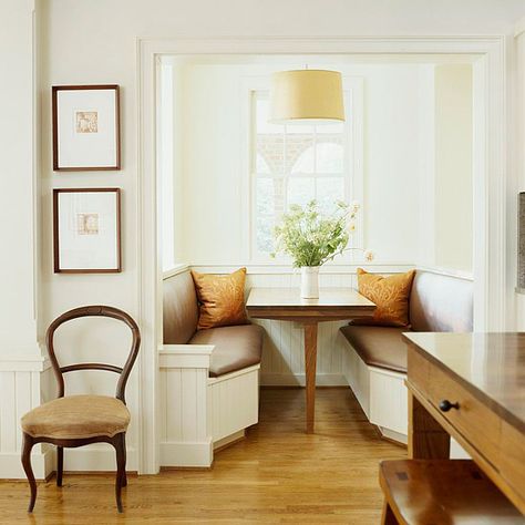 Breakfast Booth  Consider borrowing square footage from spaces adjacent to your kitchen to create a new breakfast nook. These homeowners turned an inefficient laundry room into a comfortable breakfast nook. Booth seating is a good option for small, recessed rooms such as this. The angled seating not only adds style but also makes it easier to get in and out of the booth. Ikea Breakfast Nook, Kitchen Booth, Banquette Ideas, Kitchen Booths, Breakfast Nook Table, Nook Table, Built In Banquette, Kitchen Banquette, Booth Seating