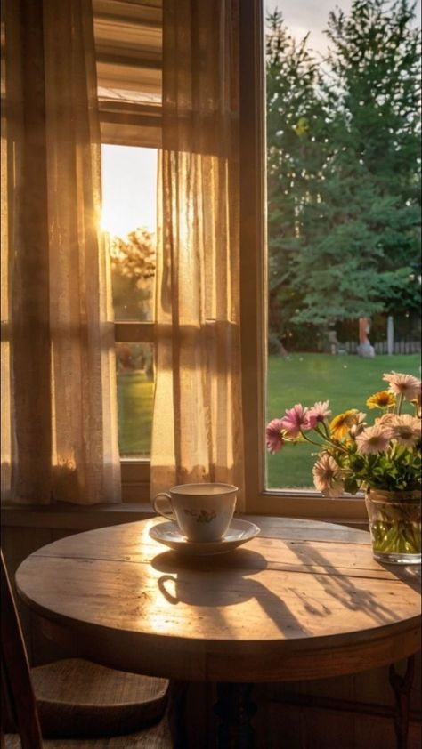 Slow Mornings Aesthetic, Peaceful Nature Aesthetic, Peaceful Home Aesthetic, Morning Light Aesthetic, Simple Rustic Table, Slow Morning Aesthetic, Morning Vibes Aesthetic, Tea Outside, Morning Window