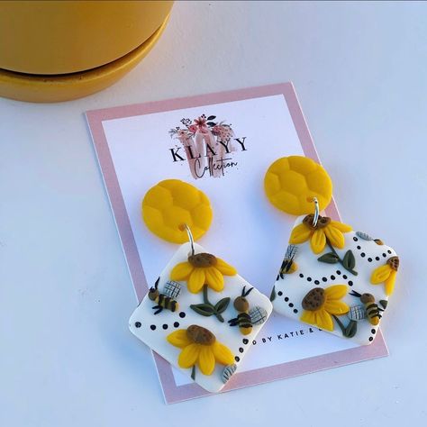 Polymer Clay Bee, Earrings Handmade Clay, Bumble Bee Earrings, Honey Bee Earrings, Polymer Clay Embroidery, Sun Earrings, Handmade Clay Earrings, Sunflower Jewelry, Earrings Clay