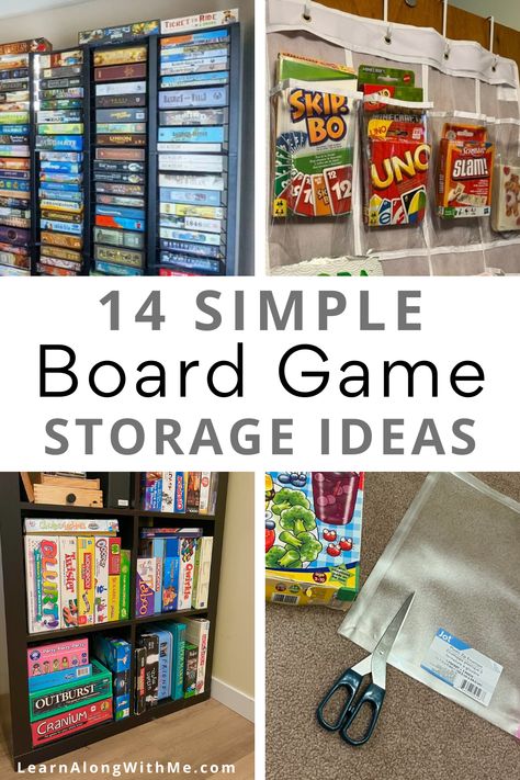 Efficiently store your board games so you can easily find them while tidying up the storage area. We use mostly use an IKEA KALLAX unit to store our board games. But even with this cube furniture, there are lots of different ways we could store our games. For instance, we could take the games out of their original boxes and put them in a plastic pouch or hard plastic case. If you want to explore some different board game storage ideas, check it out. Xbox Game Storage Ideas, Rec Room Storage Ideas, Kallax Game Storage, Kallax Game Room, Best Way To Store Board Games, Living Room Game Storage, Board Game Interior Design, Storage For Games And Puzzles, How To Store Games And Puzzles