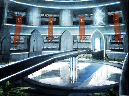 Image Futuristic Library Design, Sci Fi Library Concept Art, Futuristic School Concept Art, Alien Futuristic Aesthetic, Futuristic Academia Aesthetic, Sci Fi Library, Cyberpunk Library, Scifi Library, Gregory Fromenteau