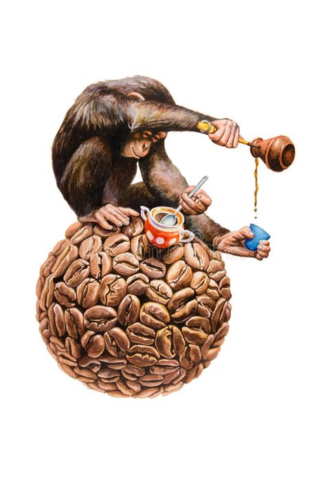 Monkey and coffee. Monkey on a bowl of coffee beans. Hand drawn illustration royalty free illustration Monkey Coffee, The Dark Ages, Age Of Enlightenment, Coffee Stock, Out Of The Dark, Coffee Illustration, Western Europe, Dark Ages, Free Illustrations