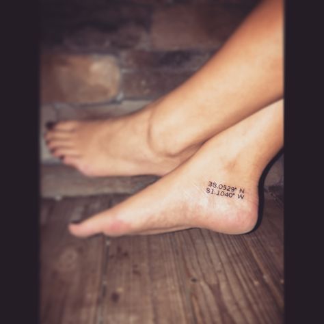 Fayetteville, WV #home #tattoo #coordinates #ankle #foot #simple #small Latitude Longitude Tattoo, Tattoo Coordinates, Small Foot Tattoos, Coordinates Tattoo, Pisces Tattoos, Foot Tattoos For Women, Home Simple, Friendship Tattoos, Sternum Tattoo