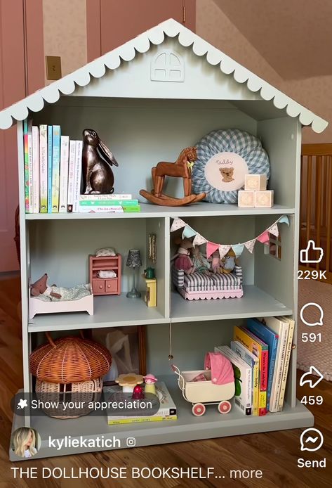 Dollhouse Into Bookshelf, House Bookshelf, Pottery Barn Dollhouse, Dollhouse Shelf, Dollhouse Bookshelf, Dollhouse Bookcase, Homemade Toys, Maternity Leave, Big Girl Rooms