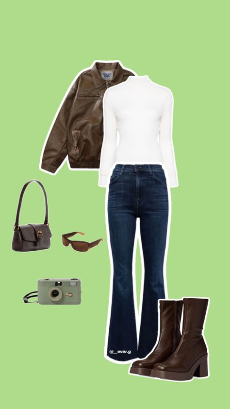 fall outfit, cute outfit, simple, casual, outfit, autumn outfit, outfit with brown colour, outfit for fall, best fall outfit, fall fashion, autumn fashion, cute outfit with accessories, fall accessories, digital camera, small brown bag, brown Dior sunglasses, fitted bootleg dark wash jeans, brown booths, brown leather jacket, white long sleeve shirt/turtleneck shirt. Brown Colour Outfit, Outfit Simple Casual, Colour Outfit, Outfit For Fall, Outfit Simple, Jeans Brown, Turtleneck Shirt, Dior Sunglasses, White Long Sleeve Shirt