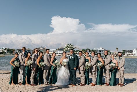 Emerald Green Groomsmen Attire Groom & Groomsmen Suits, Green And Champagne Wedding Party, Dark Green Groom Suit Bridesmaid Dresses, Forest Green Beach Wedding, Groomsmen Bridesmaids Color Schemes, Emerald Beach Wedding, Groomsmen Attire Green Color Schemes, Emerald Green Beach Wedding, Green Suit Wedding Party