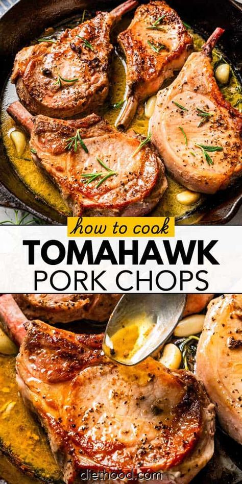 Juicy tomahawk pork chops are not only easy to cook but also look stunning on the plate! Pan-seared to perfection and basted with butter, these bone-in chops lock in all that incredible flavor. #tomahawkpork #porkchops #porkdinner Frenched Pork Chops, Boneless Pork Chop Recipes Cast Iron, Double Bone In Pork Chop, Tomahawk Pork Chop Recipe Oven, Pan Fried Pork Chops Bone In, Pork Chop Recipes Bone In, Tomahawk Pork Chop Recipe, Dutch Oven Pork Chops, Best Pork Chops Ever