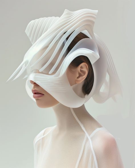 Abstract Mask Art, Biomimicry In Fashion, White Head Piece, Technological Fashion, Alien Headpiece, Futuristic Nature, Fashion Alien, Abstract Wings, Albino Model