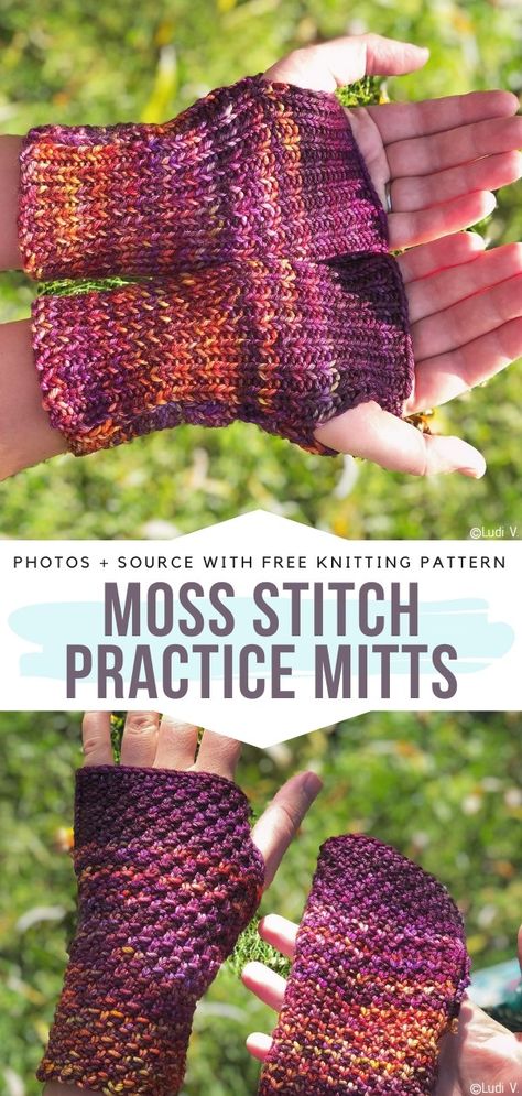 Moss Stitch Practice Mitts Free Knitting Pattern This warm shades of deep violet, sunny yellow and juicy orange create a combination that simply screams autumn. I am amazed at how beautifully the colors blend into one another, aren’t you? If you are a knitting newbie, this one is certainly for you. #knitmittens #knitfingerlessmittens #freeknittingpattern Irish Moss Stitch, Fingerless Mittens Pattern, Instead Of Flowers, Juicy Orange, Knit Projects, Linen Stitch, Crocheted Items, Gloves Pattern, Fingerless Mitts