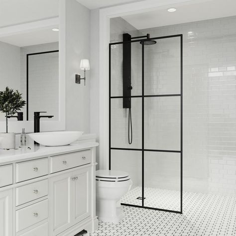 VIGO Ventana 34 in. x 74 in. Framed Fixed Shower Door in Matte Black without Handle-VG6091MBCL3474 - The Home Depot Black Shower Doors, Shower Rooms, Frameless Shower Doors, Contemporary Bathrooms, Shower Screen, Bathtubs, Bathroom Style, Glass Shower, Design Minimalista