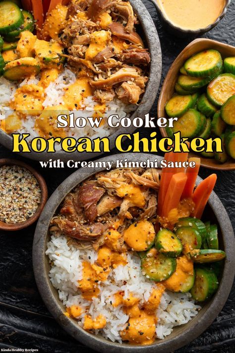 A simple recipe for slow cooked chicken thighs in a homemade Korean BBQ sauce served with low calorie rice, creamy blended kimchi sauce, and pickled vegetables. Low Calorie Rice, Slow Cooked Chicken Thighs, Kimchi Sauce, Pulled Chicken Recipes, Clean Eating Chicken Recipes, Korean Bbq Chicken, Korean Bbq Sauce, Bbq Chicken Breast, Crock Pot Inspired Recipes