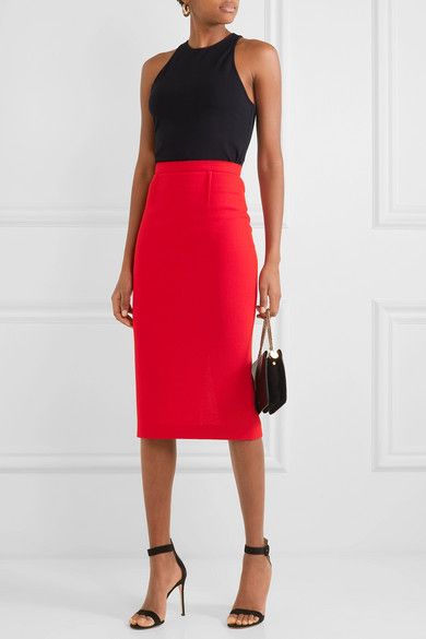 Red Pencil Skirt Outfit, Pencil Skirt Outfit, Red Pencil Skirt, Pencil Skirt Outfits, Red Pencil, Crepe Skirts, Stylish Skirts, Poppy Red, Crisp White Shirt