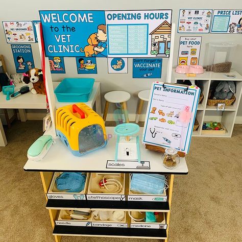 Vet Hospital Dramatic Play, Vet Clinic Dramatic Play Ideas, Classroom Vet Clinic, Diy Play Vet Clinic, Vet Center Dramatic Play, Small Dramatic Play Area, Vet Clinic Pretend Play, Pretend Play Classroom, Pet Clinic Dramatic Play