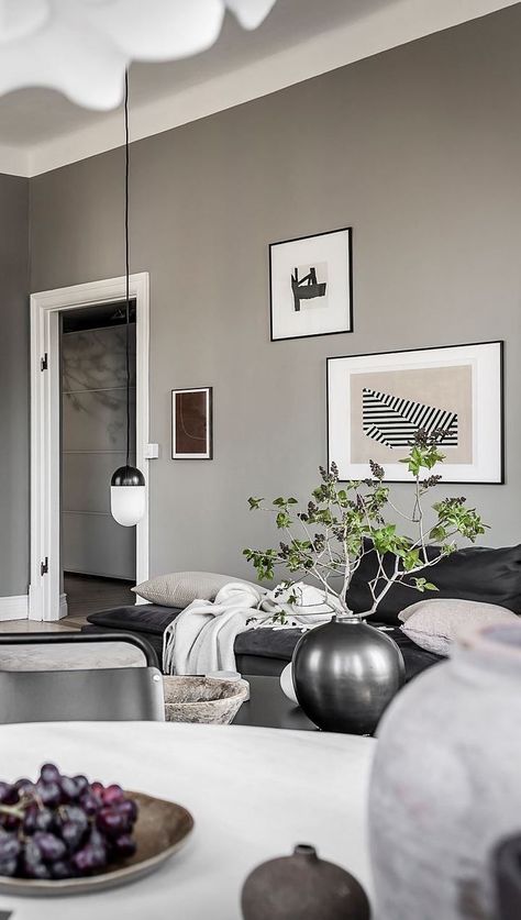 Beige And Grey Walls, Grey Sofa White Walls Living Room Ideas, Greige Living Room Black Accents, Mix Gray And Beige Decor, Beige Sofa Grey Walls, Black Grey Beige Living Room, Greige And Black Living Room, Grey Tone Living Room, Grey Wall Living Room Ideas