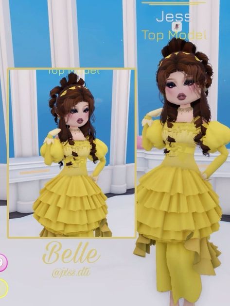 Dress To Impress Roblox Outfits Ideas Theme Prince Or Princess, Yellow Dti Outfit, Yellow Outfit Dress To Impress, Dress To Impress Yellow Theme, Belle Dress To Impress, Disney Princess Dress To Impress, Yellow Dress To Impress, Dress To Impress Princess, Dresstoimpress Outfits